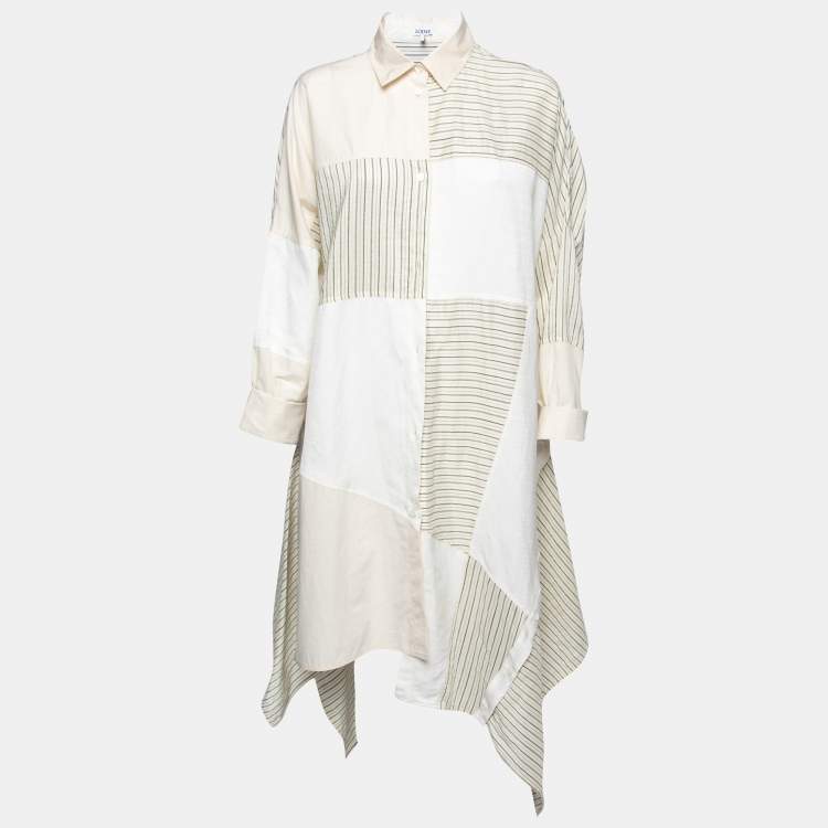 Pre Owned Loewe Cream Linen-Blend Patchwork Asymmetrical Hem Shirt Dress S 