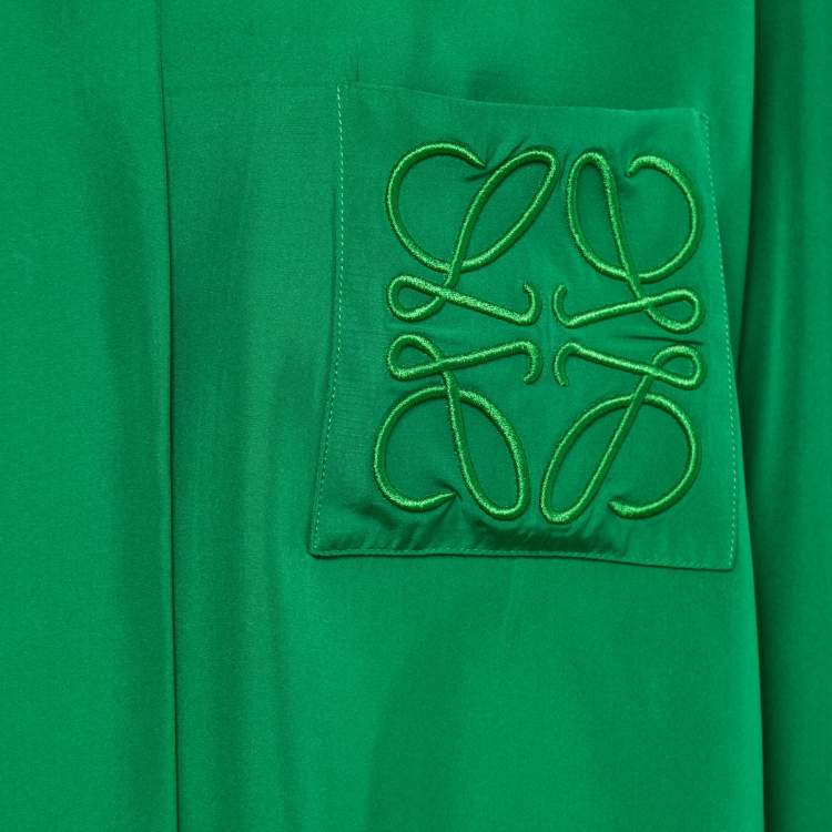 Pre Owned Loewe Green Silk Logo-Embroidered Oversize Pyjama Shirt S
