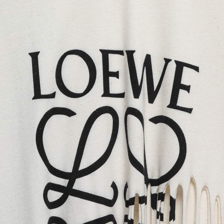 Pre Owned Loewe Cream Logo Print Jersey Fringed T-Shirt M