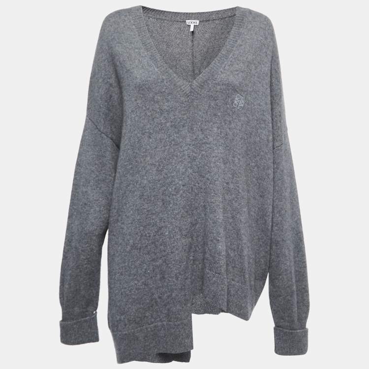 Pre Owned Loewe Grey Cashmere V-Neck Asymmetric Sweater S