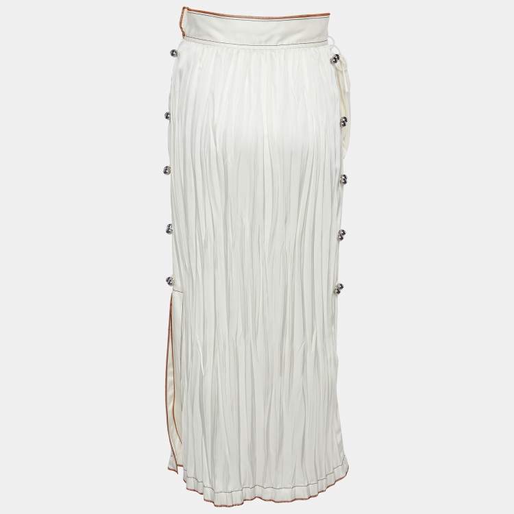 Pre Owned Loewe Ivory White Crinkled Satin Midi Skirt S