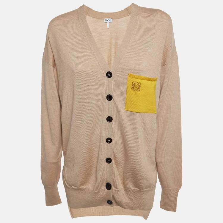Pre Owned Loewe Beige Wool Logo Pocket Detail Buttoned Cardigan XS