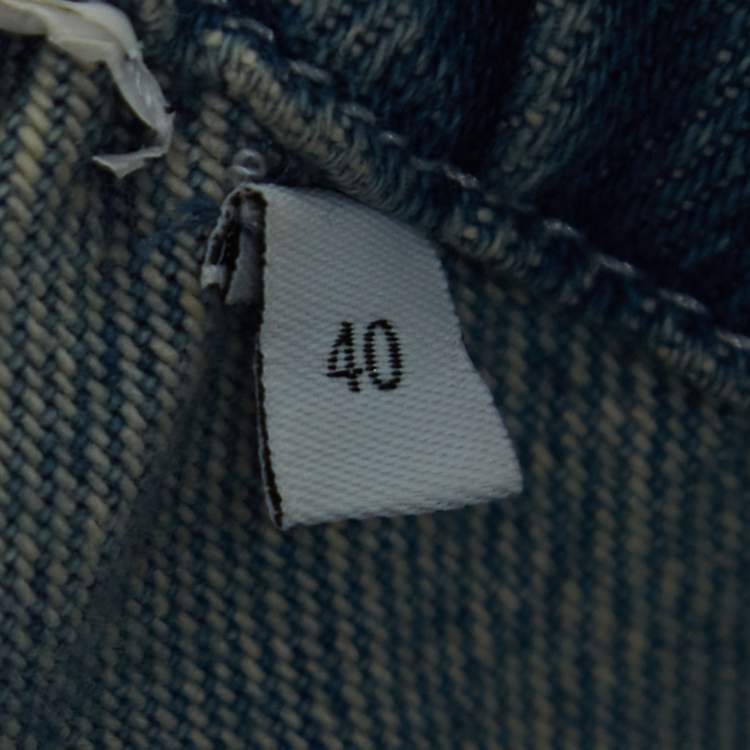 Pre Owned Loewe Blue Logo Motif Leather Trimmed Denim Asymmetric Midi Skirt M