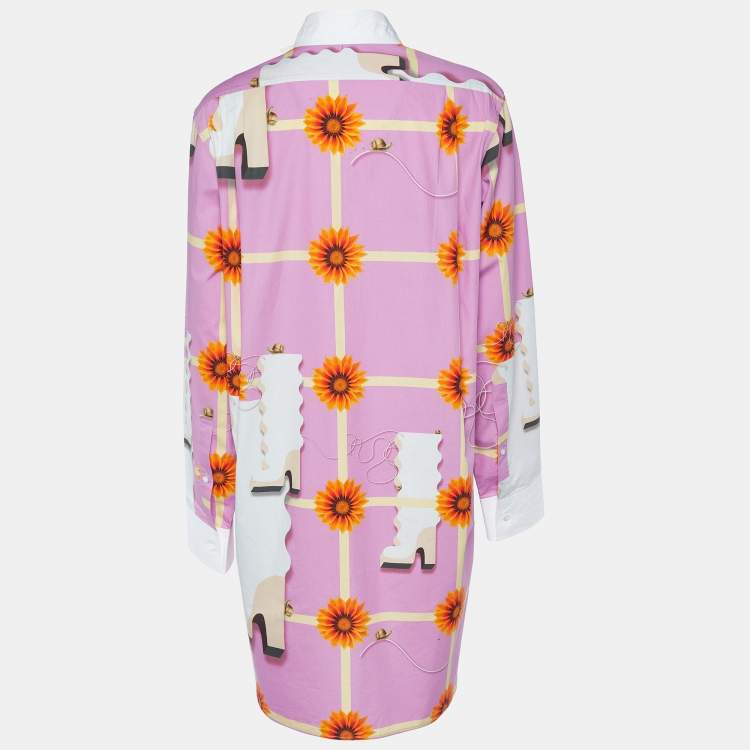 مملوكة مسبقًا Loewe Pink/White Wallpaper Print Cotton Asymmetric Long Shirt M