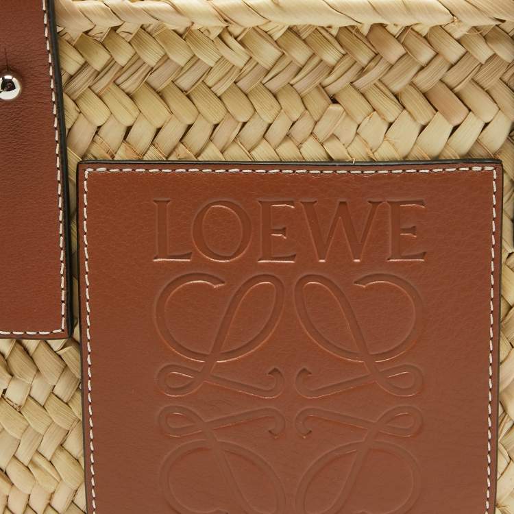 Pre Owned Loewe Brown/Natural Palm Leaf and Leather Small Basket Tote