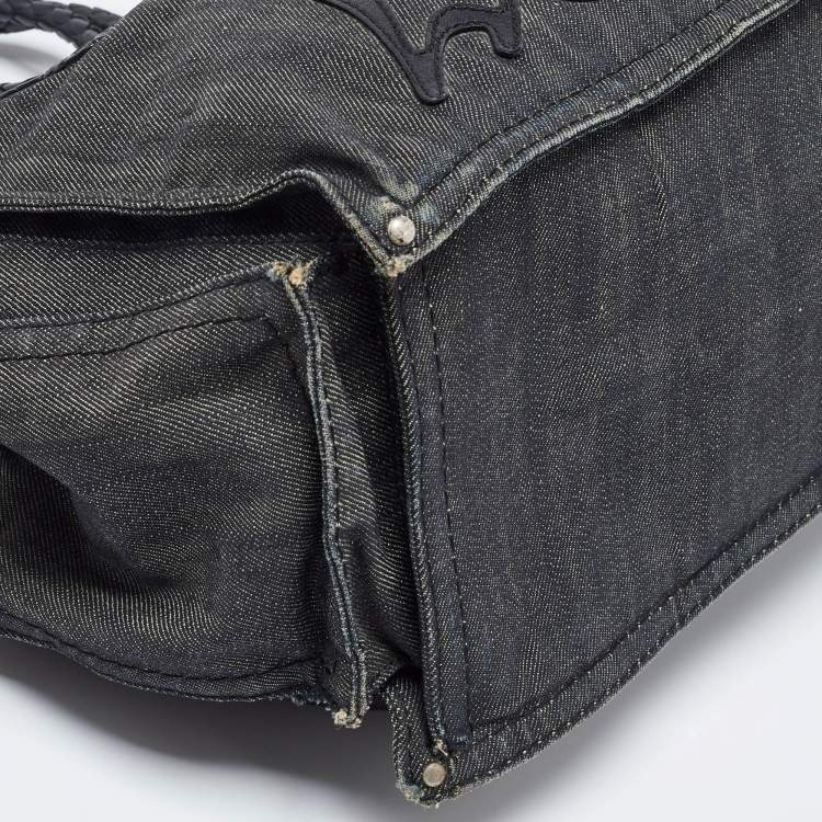 Pre Owned Loewe Black Denim and Leather Logo Shopper Tote