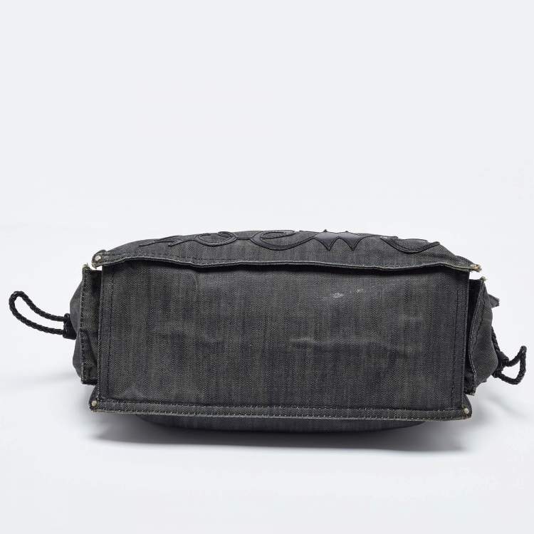 Pre Owned Loewe Black Denim and Leather Logo Shopper Tote