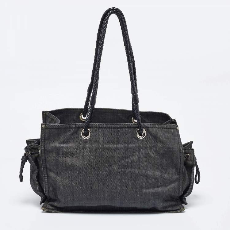 Pre Owned Loewe Black Denim and Leather Logo Shopper Tote