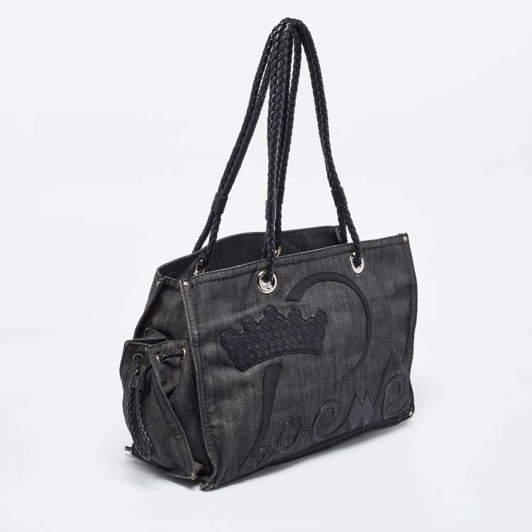 Pre Owned Loewe Black Denim and Leather Logo Shopper Tote
