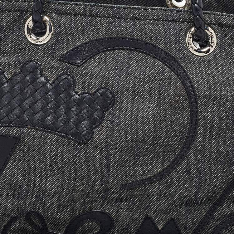 Pre Owned Loewe Black Denim and Leather Logo Shopper Tote