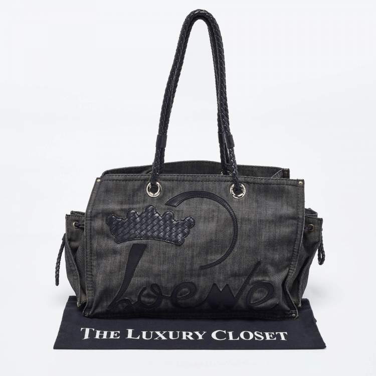 Pre Owned Loewe Black Denim and Leather Logo Shopper Tote