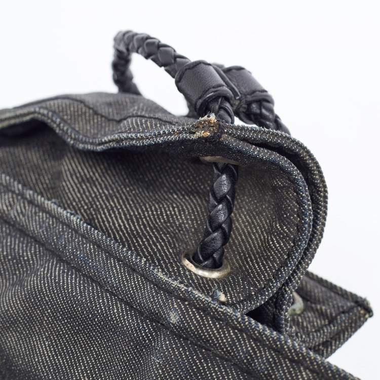 Pre Owned Loewe Black Denim and Leather Logo Shopper Tote