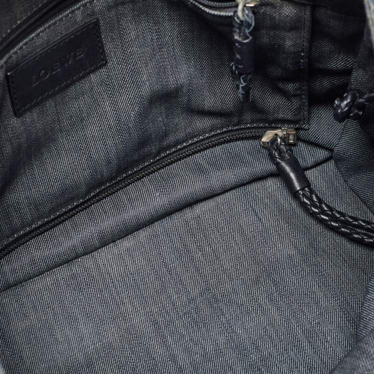Pre Owned Loewe Black Denim and Leather Logo Shopper Tote