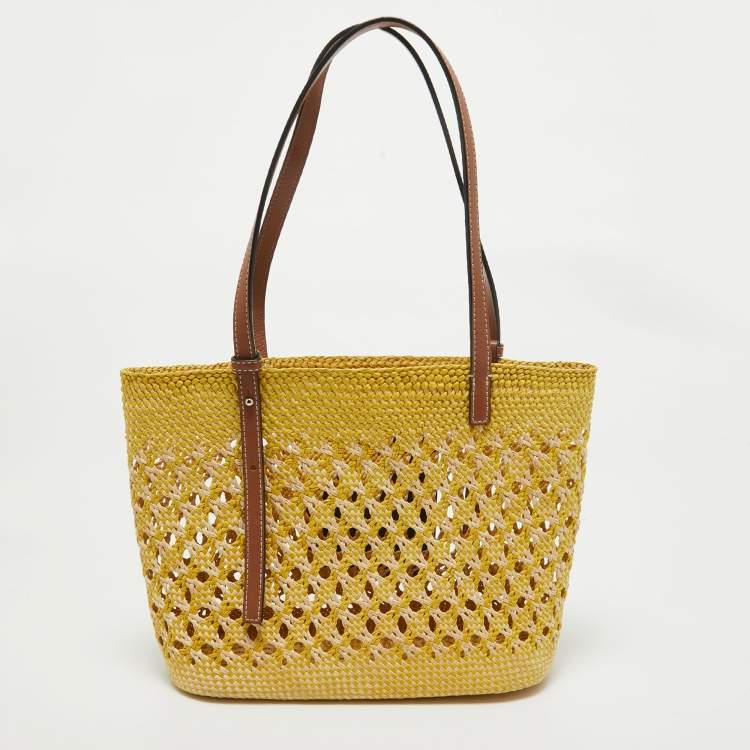 Pre Owned Loewe Tri Color Woven Raffia and Leather Basket Tote