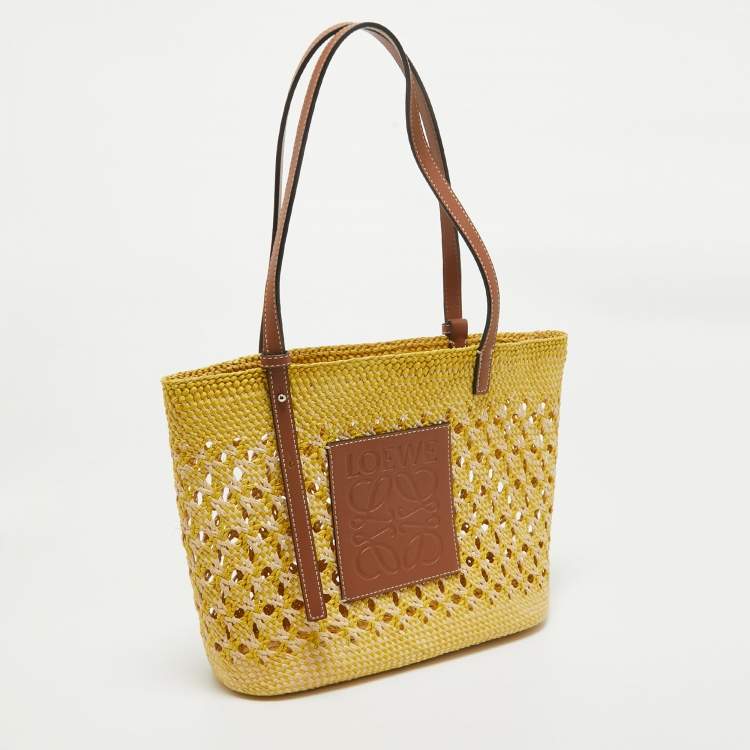 Pre Owned Loewe Tri Color Woven Raffia and Leather Basket Tote