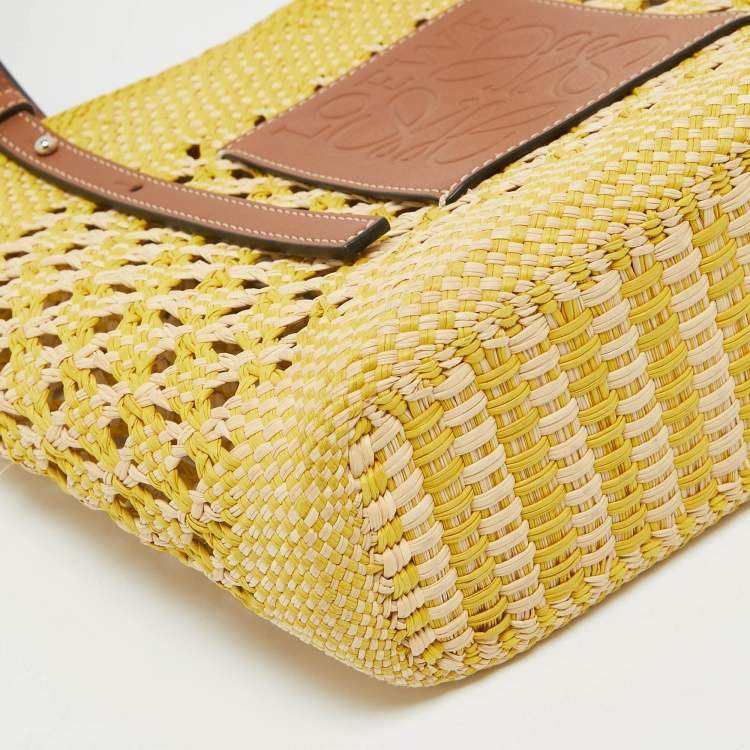 Pre Owned Loewe Tri Color Woven Raffia and Leather Basket Tote