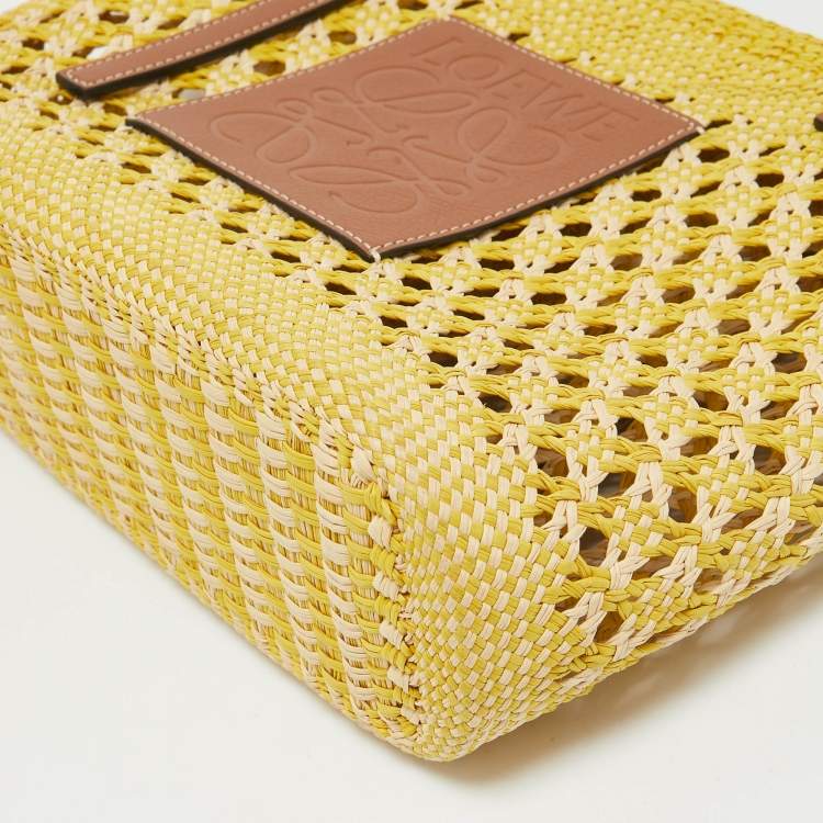 Pre Owned Loewe Tri Color Woven Raffia and Leather Basket Tote