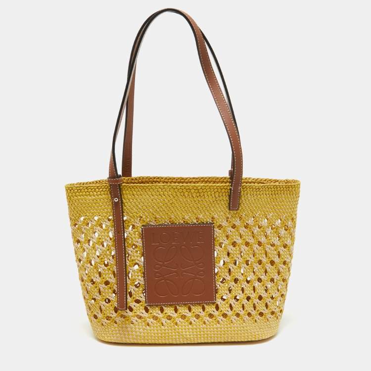 Pre Owned Loewe Tri Color Woven Raffia and Leather Basket Tote