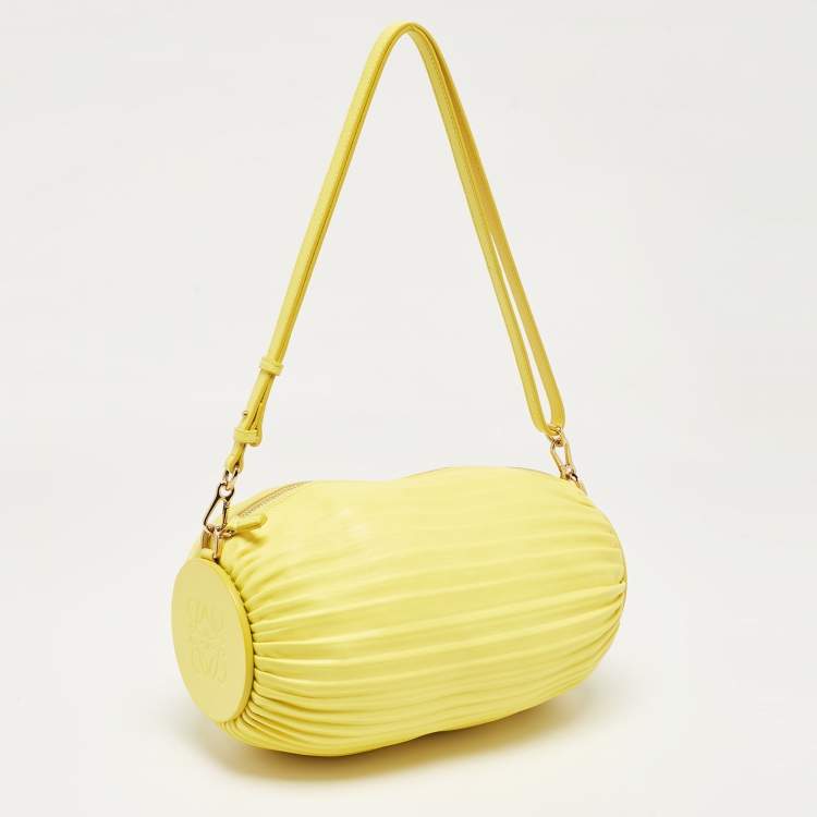 Pre Owned Loewe Yellow Pleated Leather Bracelet Pouch Bag