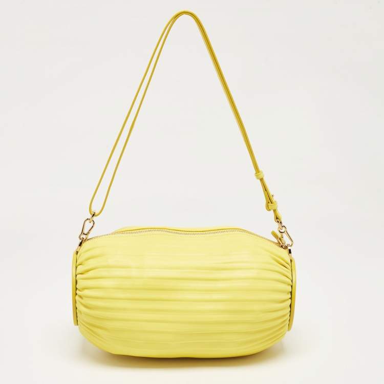 Pre Owned Loewe Yellow Pleated Leather Bracelet Pouch Bag
