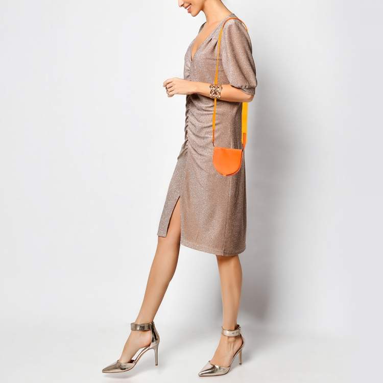 Pre Owned Loewe Orange Neon Leather Heel Flap Crossbody Bag