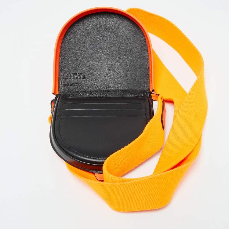 Pre Owned Loewe Orange Neon Leather Heel Flap Crossbody Bag