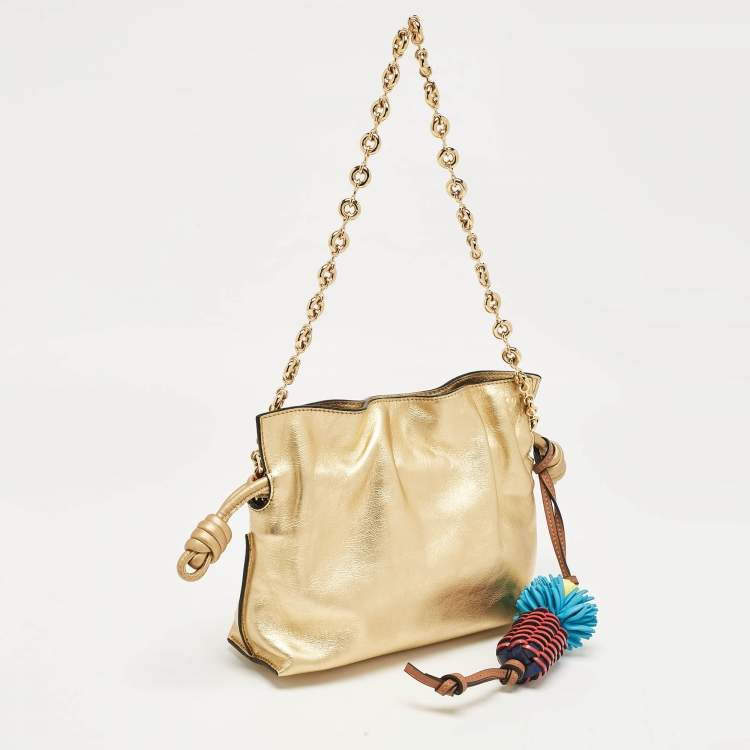 Pre Owned Loewe Gold Leather Mini Flamenco Chain Clutch