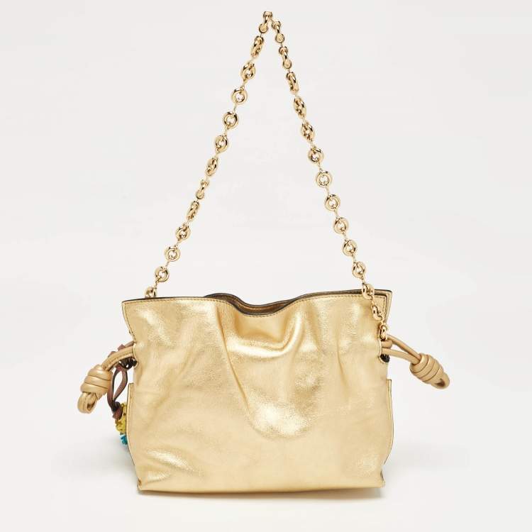 Pre Owned Loewe Gold Leather Mini Flamenco Chain Clutch