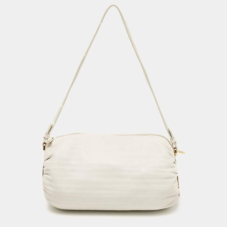 Pre Owned Loewe White Pleated Leather Bracelet Pouch Bag