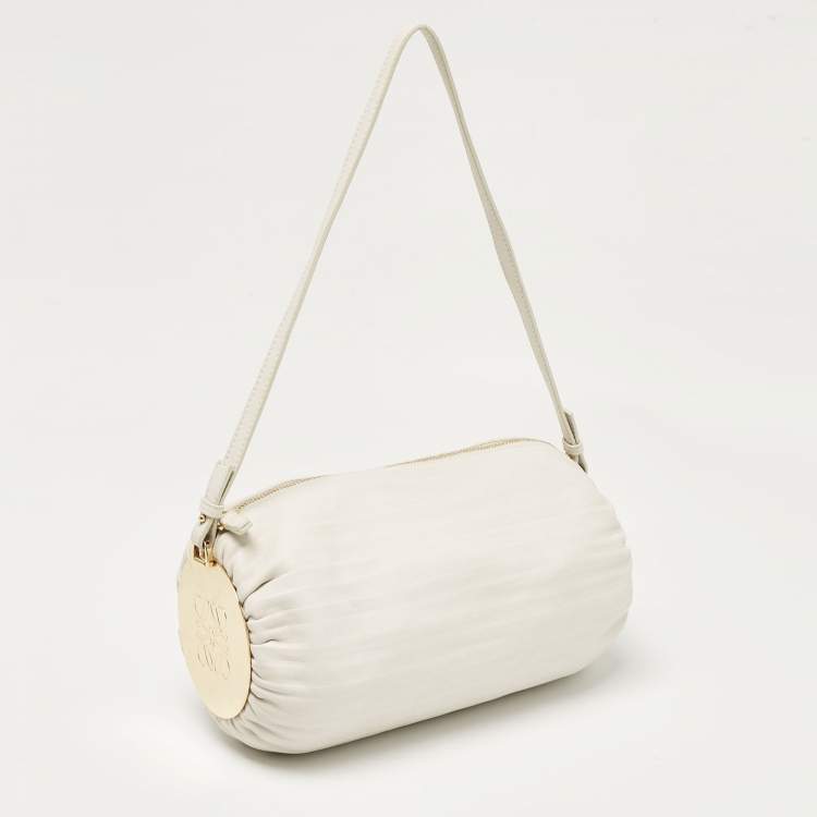Pre Owned Loewe White Pleated Leather Bracelet Pouch Bag