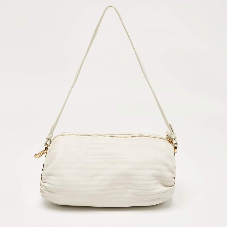 Pre Owned Loewe White Pleated Leather Bracelet Pouch Bag
