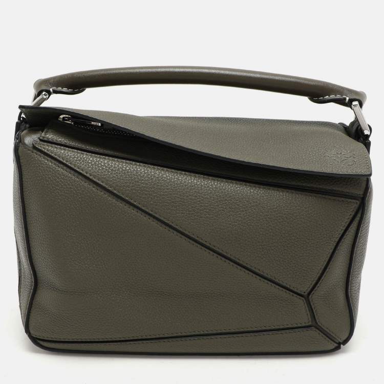 Pre Owned Loewe Olive Green Leather Small Puzzle Shoulder Bag