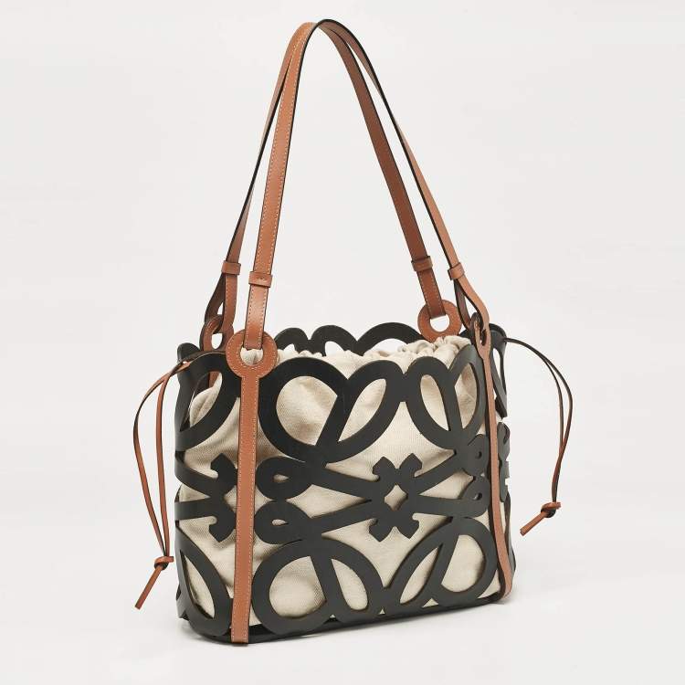 Pre Owned Loewe Black/Brown Leather Anagram  Cut Out Tote