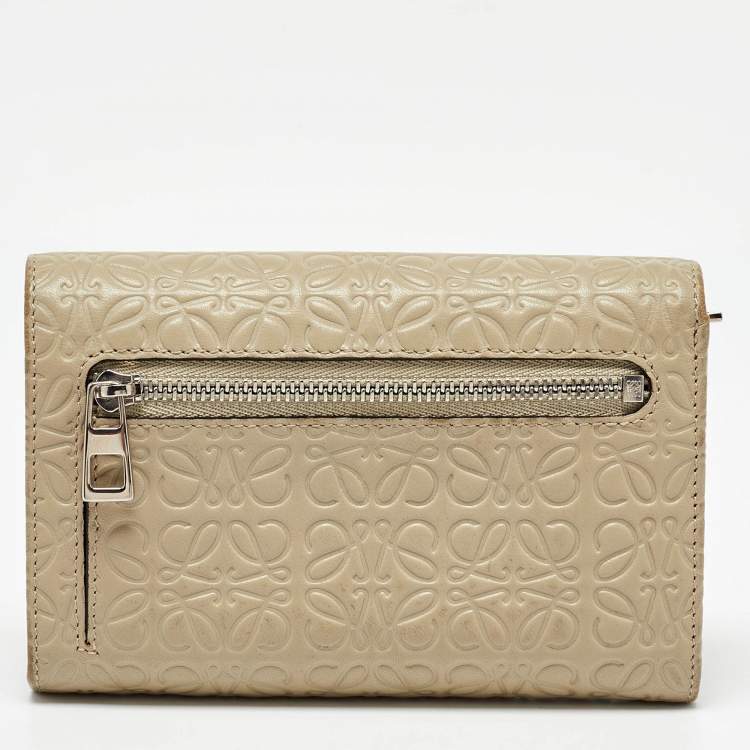 Pre Owned Loewe Beige Signature Embossed Leather Compact Wallet