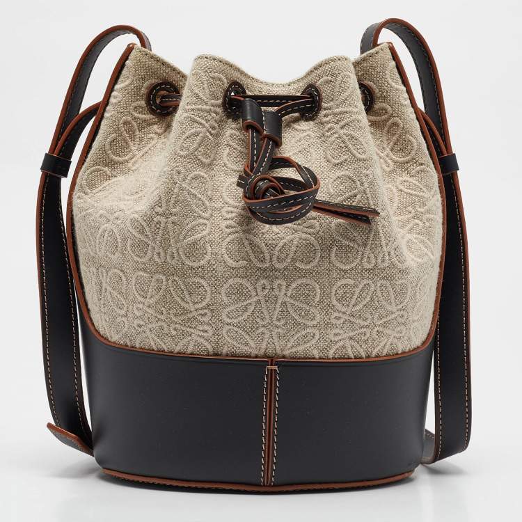 Pre Owned Loewe Beige/Black Anagram Jacquard Canvas and Leather Balloon Bucket Bag