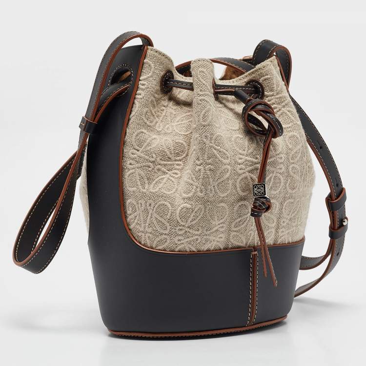 Pre Owned Loewe Beige/Black Anagram Jacquard Canvas and Leather Balloon Bucket Bag