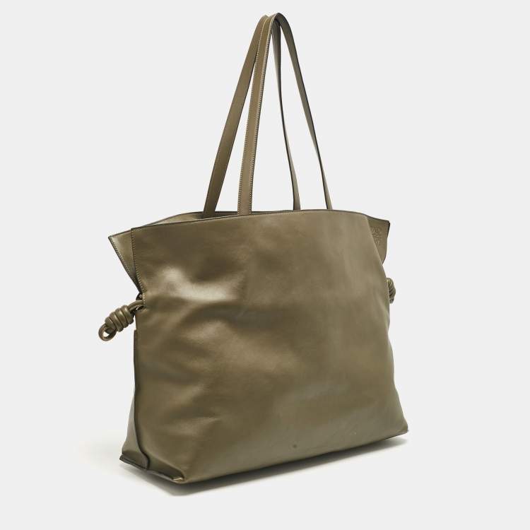 Pre Owned Loewe Dark Khaki Leather XL Flamenco Tote