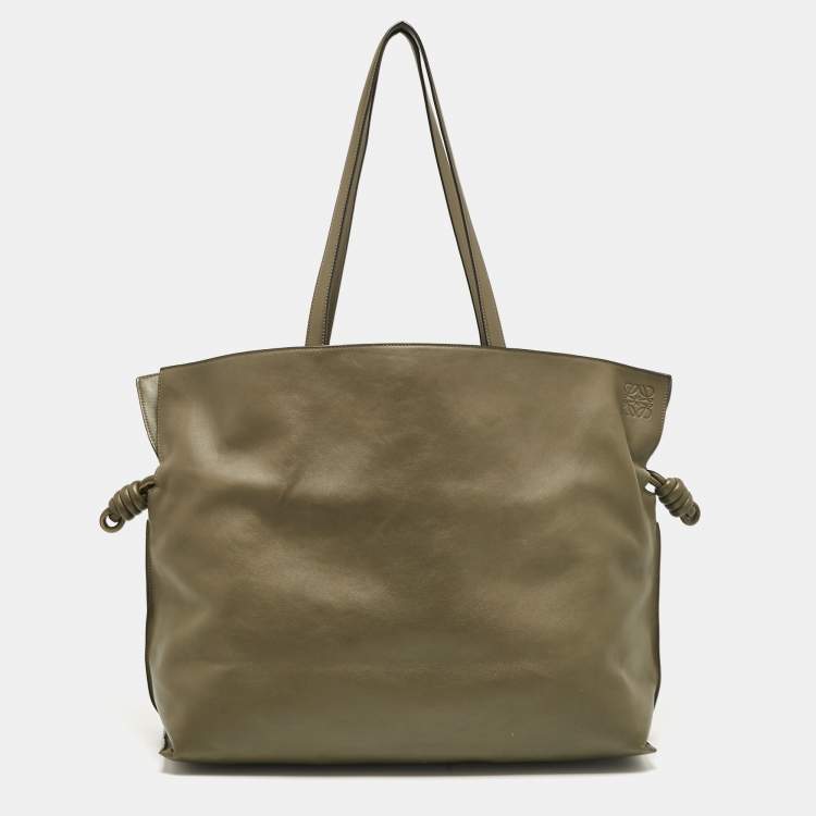 Pre Owned Loewe Dark Khaki Leather XL Flamenco Tote