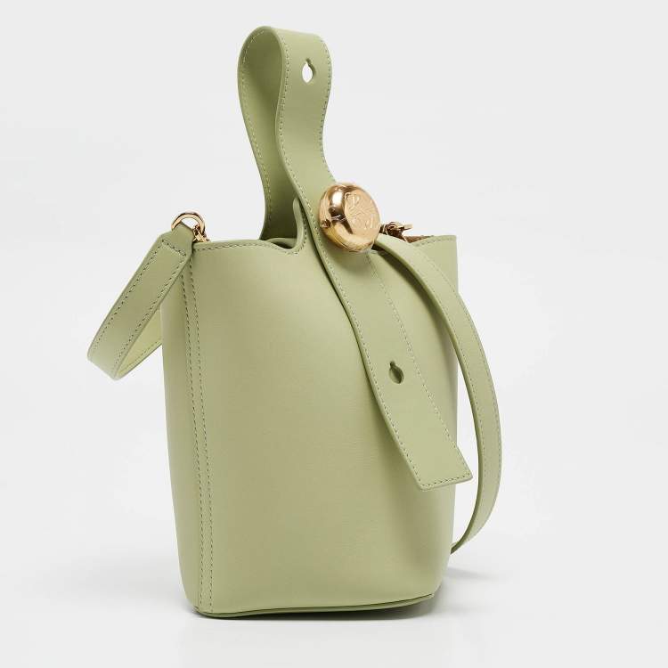 Pre Owned Loewe Light Green Leather Mini Pebble Bucket Bag