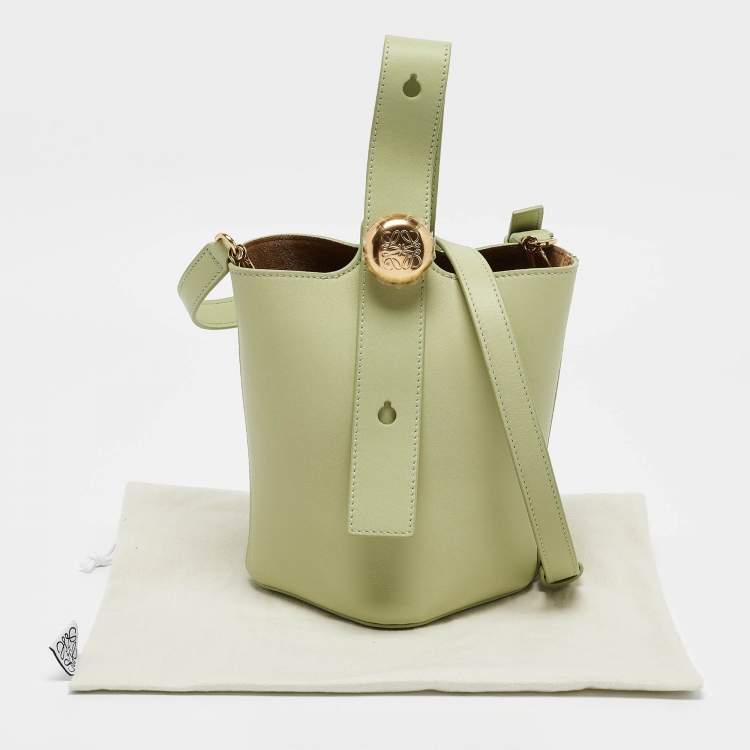 Pre Owned Loewe Light Green Leather Mini Pebble Bucket Bag