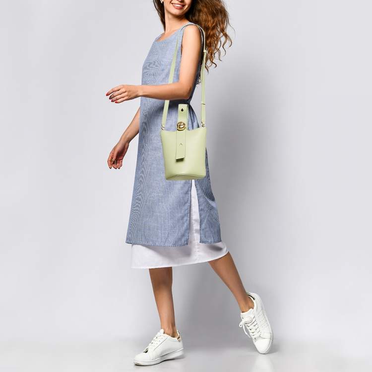 Pre Owned Loewe Light Green Leather Mini Pebble Bucket Bag