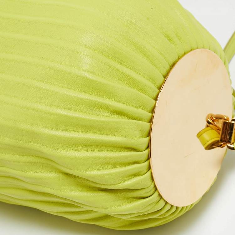 Pre Owned Loewe Lime Green Pleated Leather Bracelet Pouch Bag
