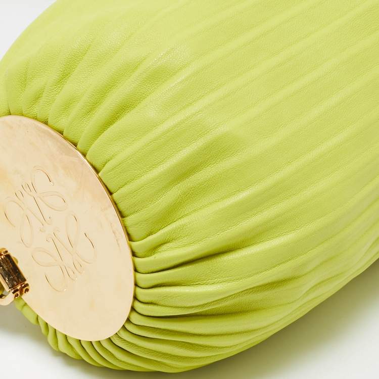 Pre Owned Loewe Lime Green Pleated Leather Bracelet Pouch Bag
