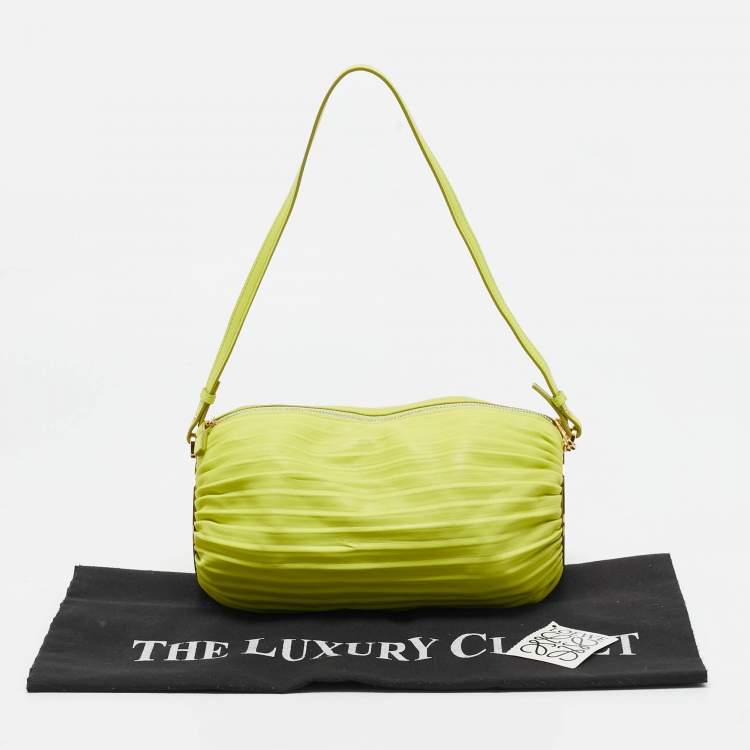 Pre Owned Loewe Lime Green Pleated Leather Bracelet Pouch Bag
