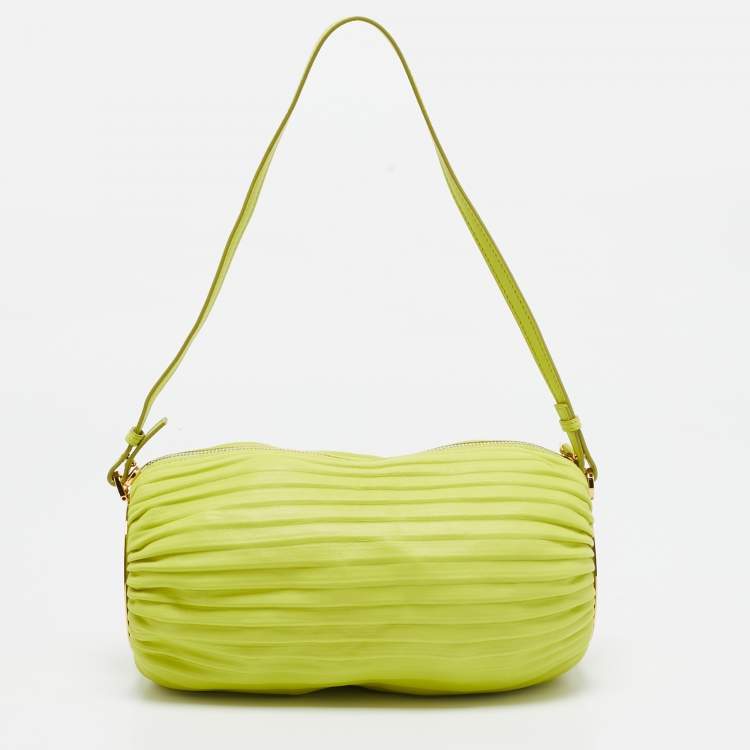 Pre Owned Loewe Lime Green Pleated Leather Bracelet Pouch Bag