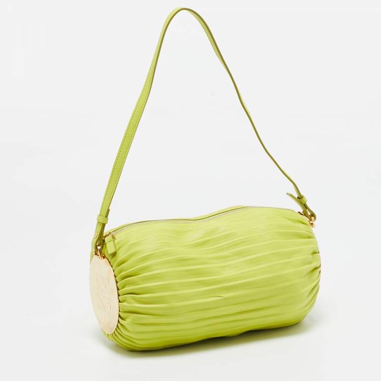 Pre Owned Loewe Lime Green Pleated Leather Bracelet Pouch Bag