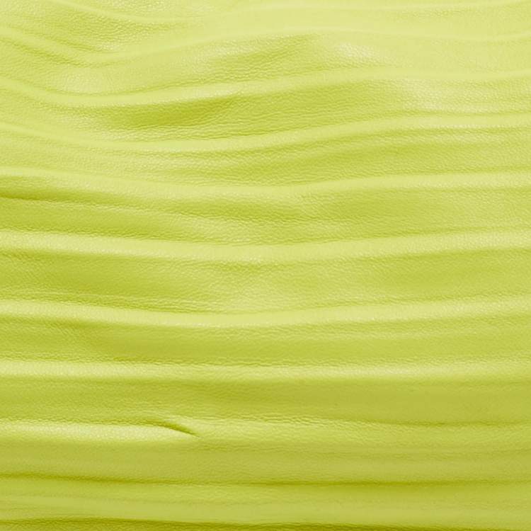 Pre Owned Loewe Lime Green Pleated Leather Bracelet Pouch Bag