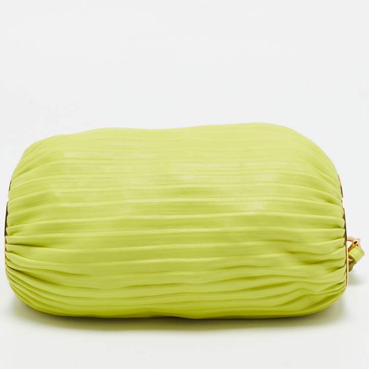 Pre Owned Loewe Lime Green Pleated Leather Bracelet Pouch Bag