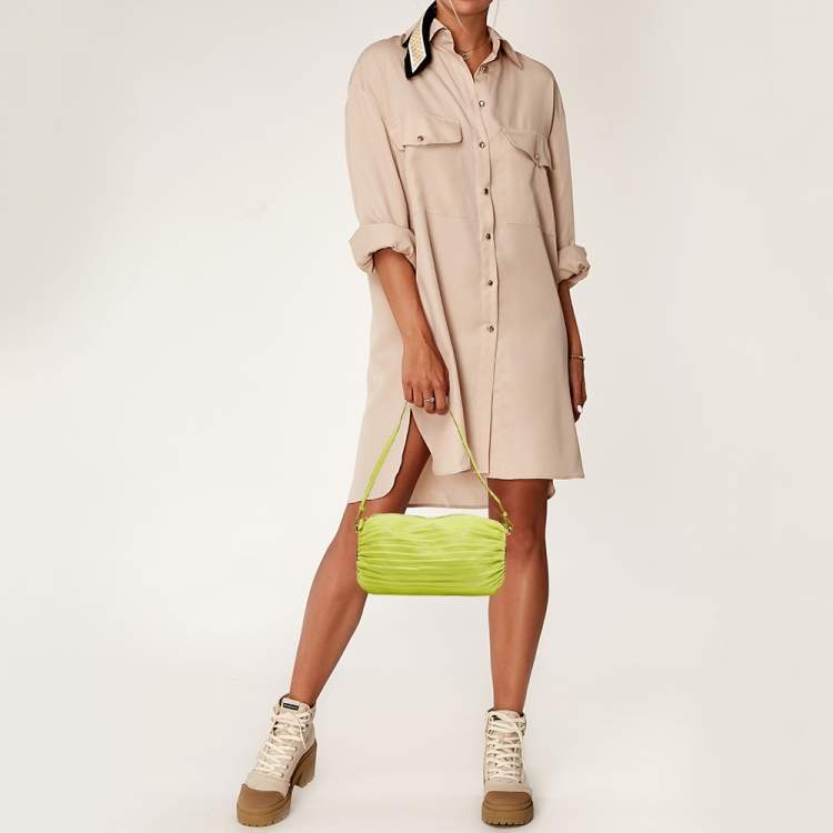 Pre Owned Loewe Lime Green Pleated Leather Bracelet Pouch Bag