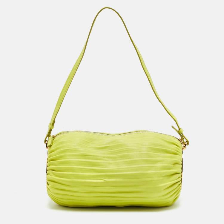 Pre Owned Loewe Lime Green Pleated Leather Bracelet Pouch Bag